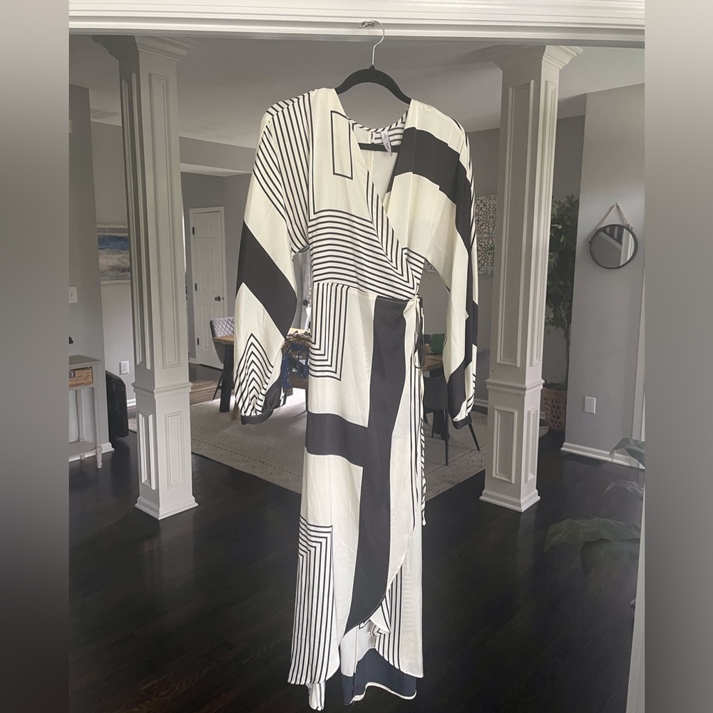 Mango line print wrap midi dress.
